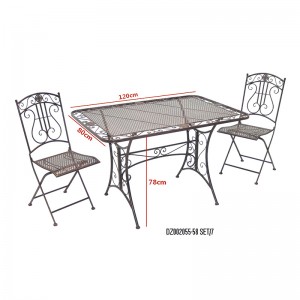 Electric Bass 7-Piece Metal Dining Set Rustic Brown Rectangular Table Fold Chair for Outdoor Courtyard