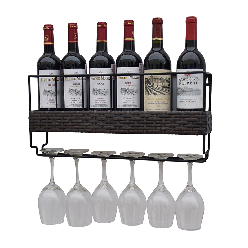 Wall Mounted Plant Holder Indoor Wall Mounted 6 Wine Rack with 6 Wine Glass Holder Metal & Wicker Woven – DECOR