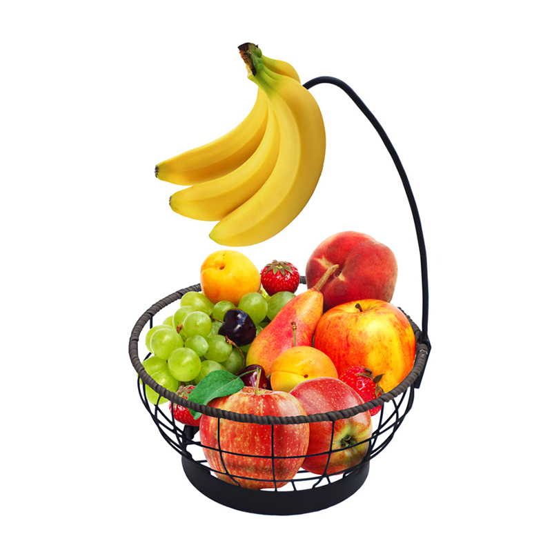 Plant Holder Stand Indoor Round Fruit Basket With Banana Hanger Metal & Wicker Woven for Home Living – DECOR detail pictures