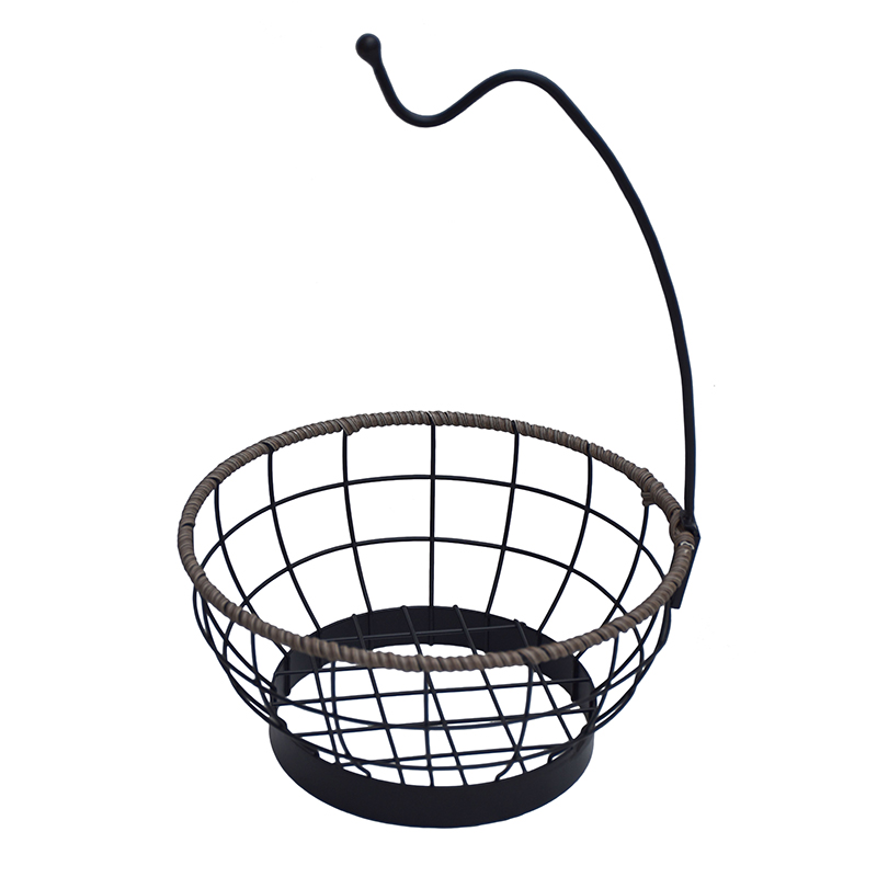 Plant Holder Stand Indoor Round Fruit Basket With Banana Hanger Metal & Wicker Woven for Home Living – DECOR detail pictures