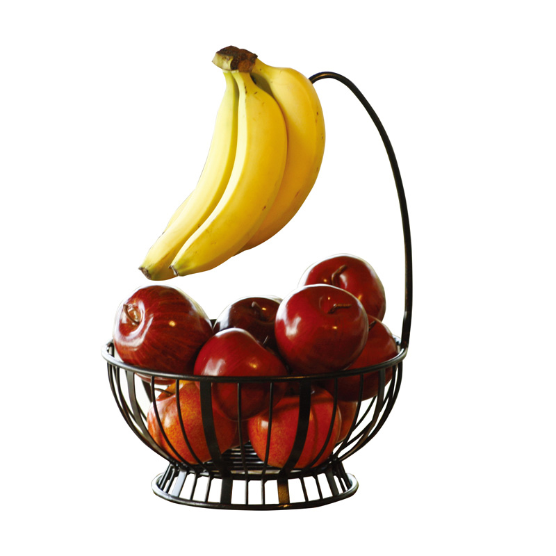 Plant Holder Stand Indoor Round Fruit Basket With Banana Hanger Metal & Wicker Woven for Home Living – DECOR detail pictures